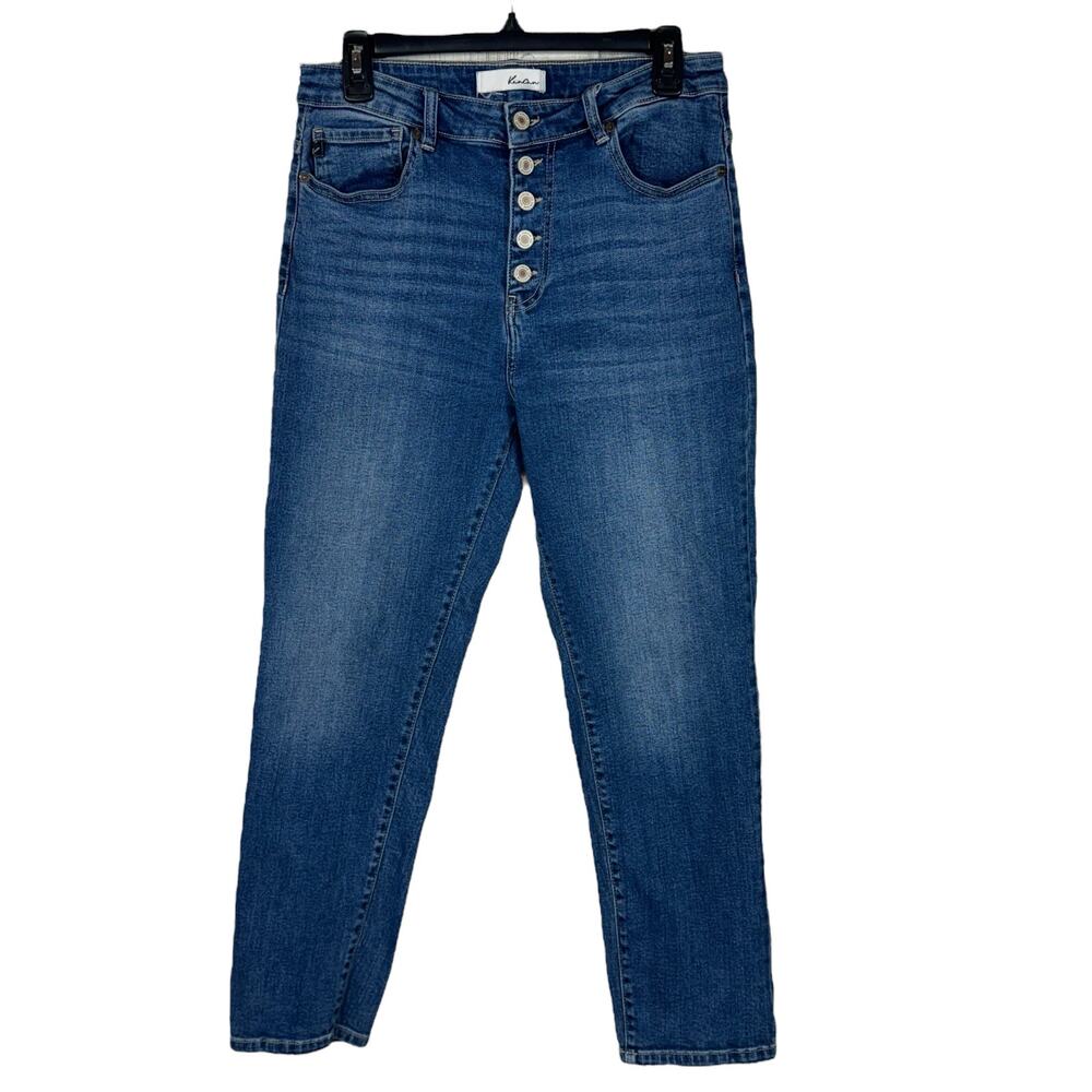 Kancan SZ 9/28 Jeans Button-Fly Hi-Rise Stretch Whiskered Pockets Medium Wash